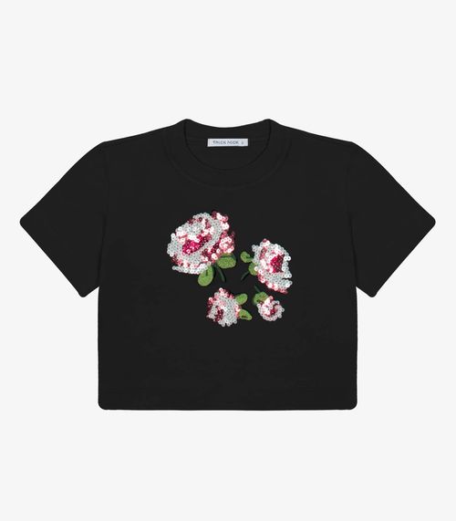 Blusa Manga Curta Aplique Lantejoulas Trick Nick Preto