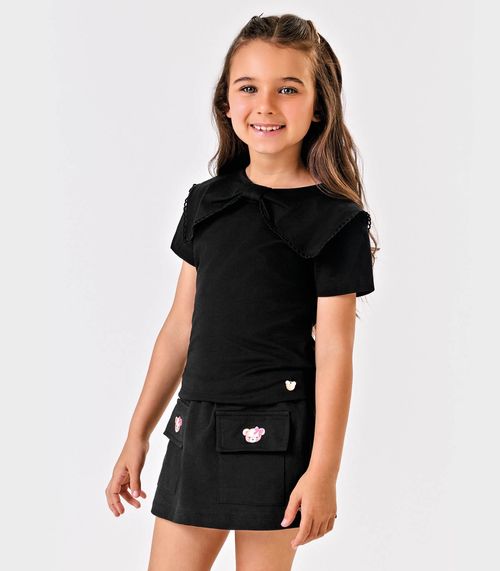 Blusa Manga Curta Cotton Decote Laço Trick Nick Preto