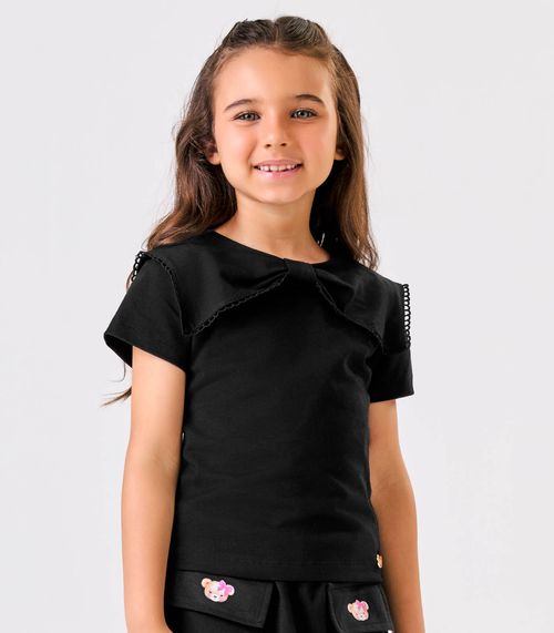 Blusa Manga Curta Cotton Decote Laço Trick Nick Preto