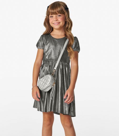 Vestido em Malha Plissada Shiny Trick Nick Cinza