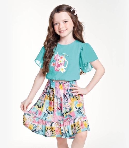 Conjunto Blusa Cropped Com Saia Midi Trick Nick Azul