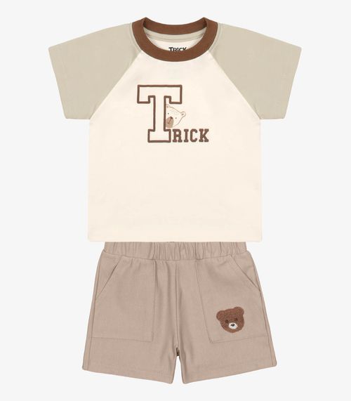 Conjunto Infantil Camiseta Com Bermuda Trick Nick Bege