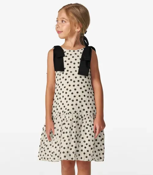 Vestido em Mini Plissado Floral e Visco Trick Nick Off White