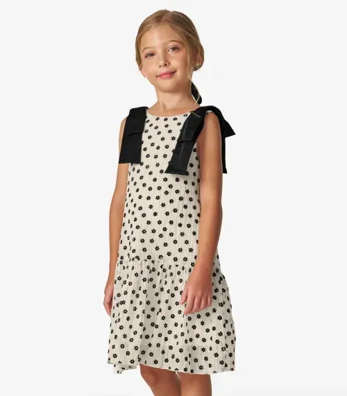 Vestido em Mini Plissado Floral e Visco Trick Nick Off White