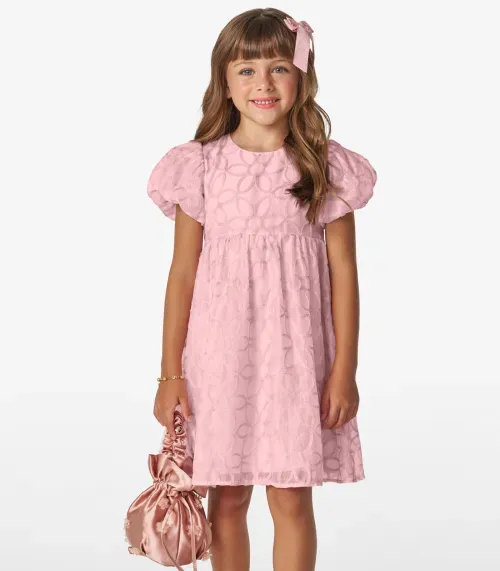 Vestido em Poly Bordado Viscose Khyara Trick Nick Rosa