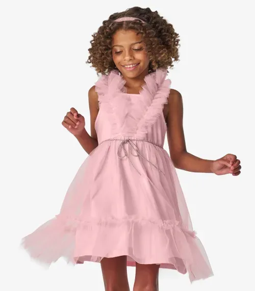 Vestido em Cotton Leve e Tule Trick Nick Rosa