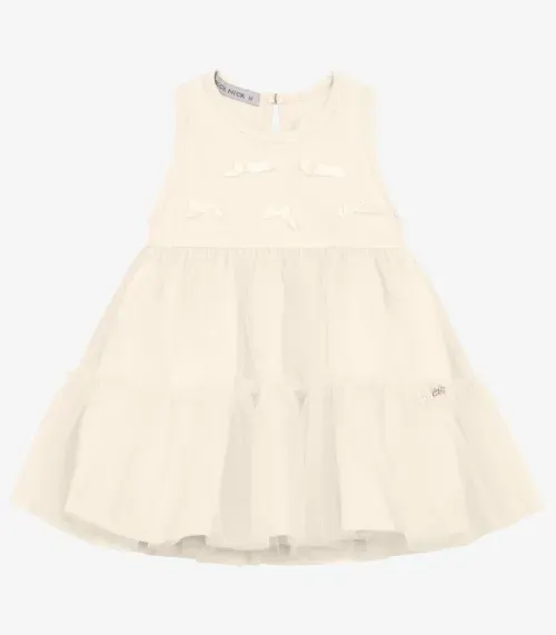 Vestido Infantil em Cotton Leve e Tule Trick Nick Off White