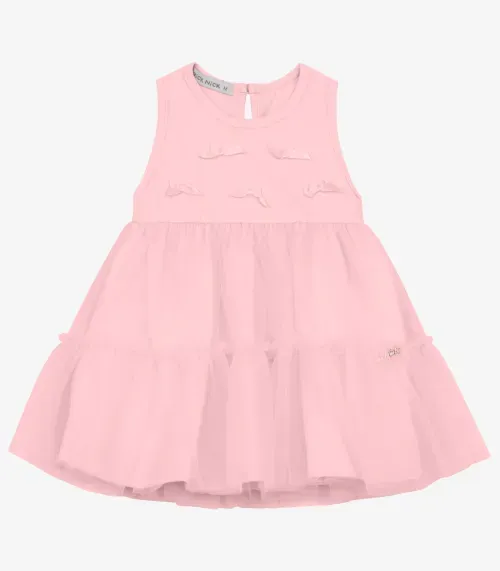 Vestido Infantil em Cotton Leve e Tule Trick Nick Rosa