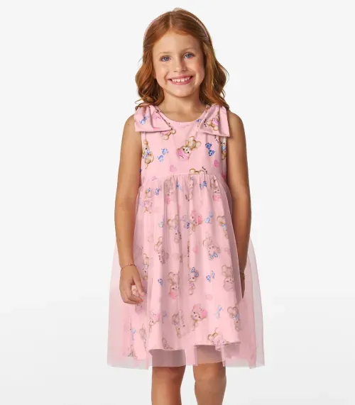 Vestido em Cotton Leve e Tule Trick Nick Rosa