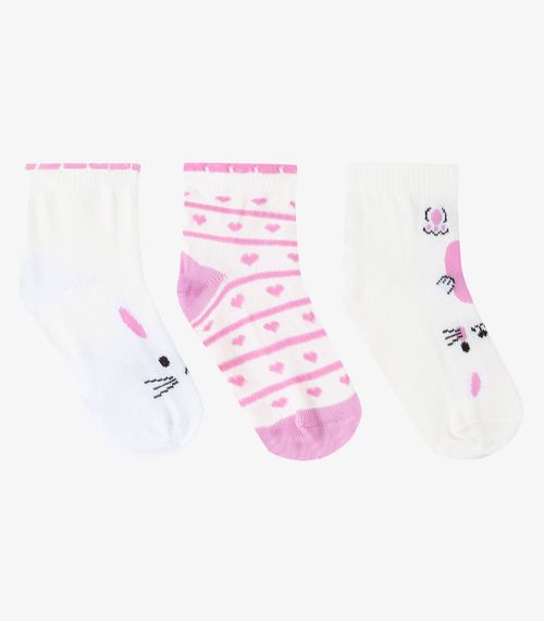 Kit 3 Pares De Meia Cano Curto Infantil Trick Nick Rosa