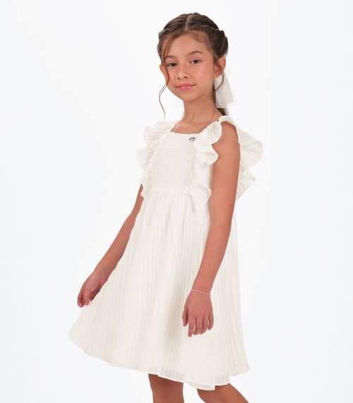 Vestido Chiffon Plissado Infantil Trick Nick Bege
