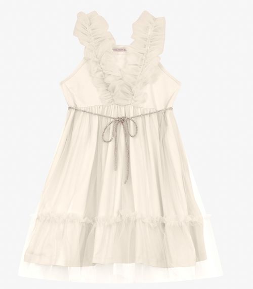 Vestido em Cotton Leve e Tule Trick Nick Bege