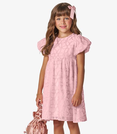 Vestido em Poly Bordado Viscose Khyara Trick Nick Rosa