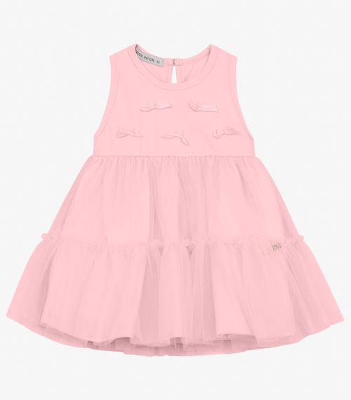 Vestido Infantil em Cotton Leve e Tule Trick Nick Rosa