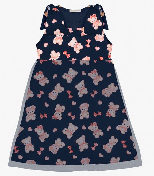 Vestido em Cotton Leve e Tule Trick Nick Azul Marinho