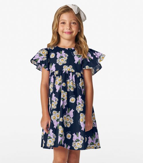 Vestido em Popeline Estampado Trick Nick Azul Marinho