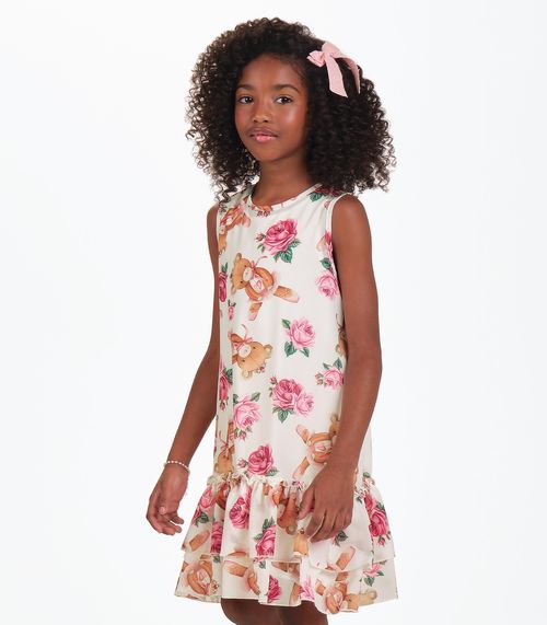 Vestido Meia Malha e Chiffon Trick Nick Bege