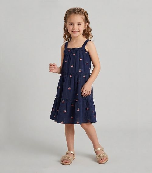 Vestido Infantil em Gaze Bordada Trick Nick Azul