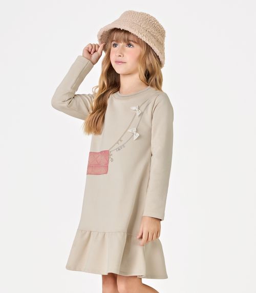 Vestido Manga Longa Trick Nick Bege