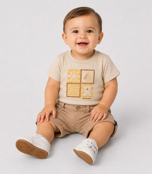 Conjunto Infantil Camiseta Com Bermuda Trick Nick Bege