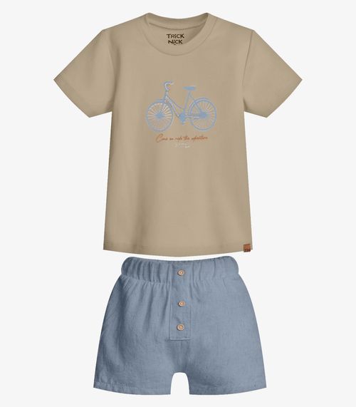 Conjunto  Infantil Camiseta Com Bermuda Trick Nick Bege