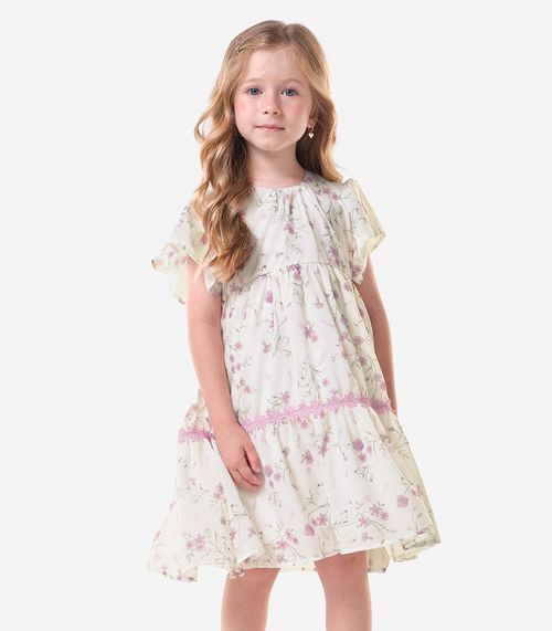 Vestido Infantil Chiffon Florido Trick Nick Bege