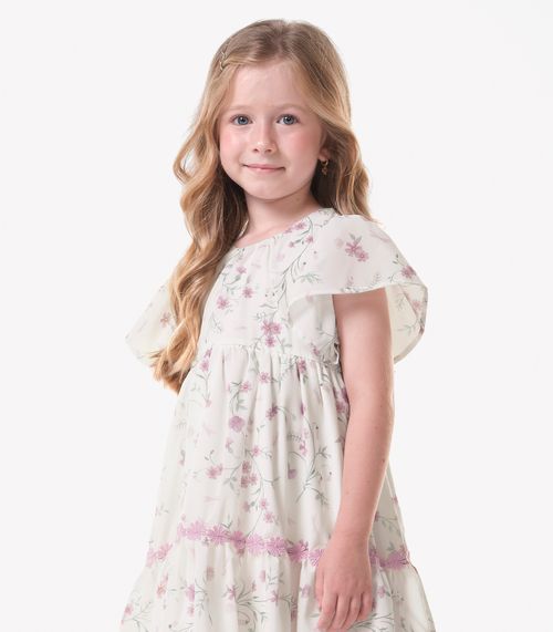 Vestido Infantil Chiffon Florido Trick Nick Bege