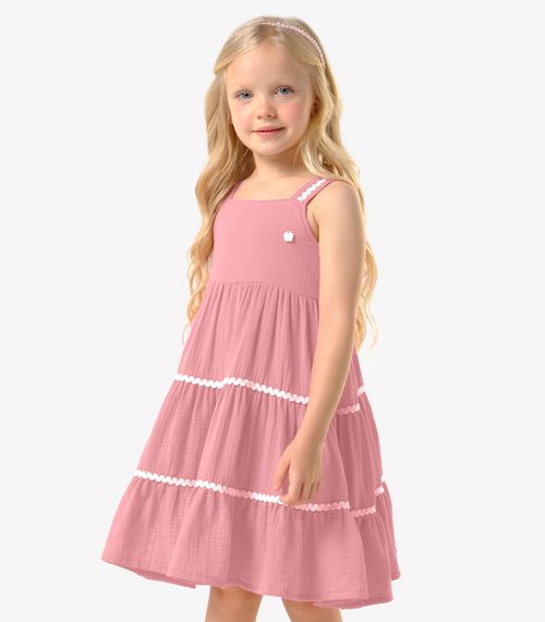 Vestido Infantil Tecido Gaze Babados Trick Nick Rosa