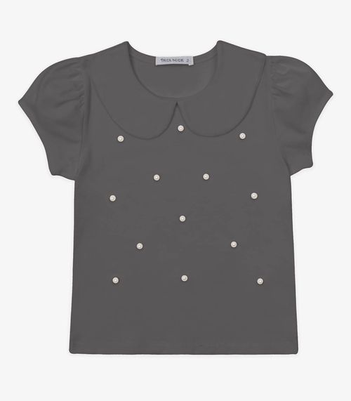 Blusa Verão Menina Curta Com Pérolas Trick Nick Cinza