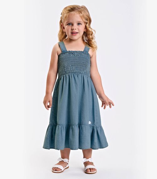 Vestido Verão Menina Midi Com Franzido Trick Nick Azul