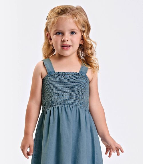 Vestido Verão Menina Midi Com Franzido Trick Nick Azul