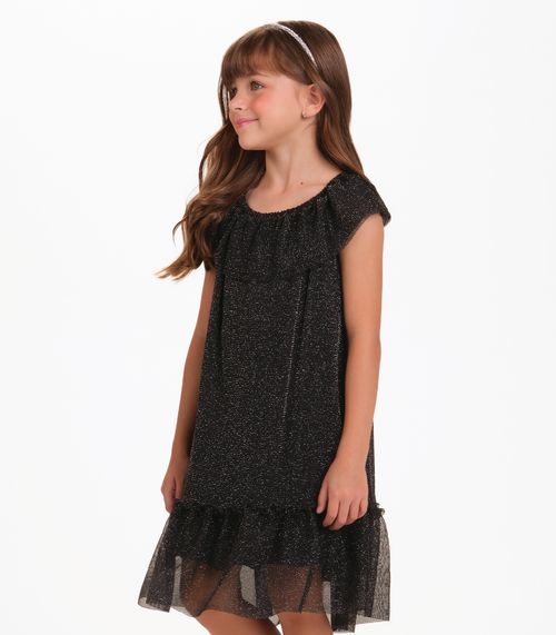 Vestido Tule Shine e Cotton Leve Trick Nick Preto