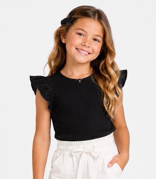 Blusa Feminina Infantil Ribana Canelada Trick Nick Preto